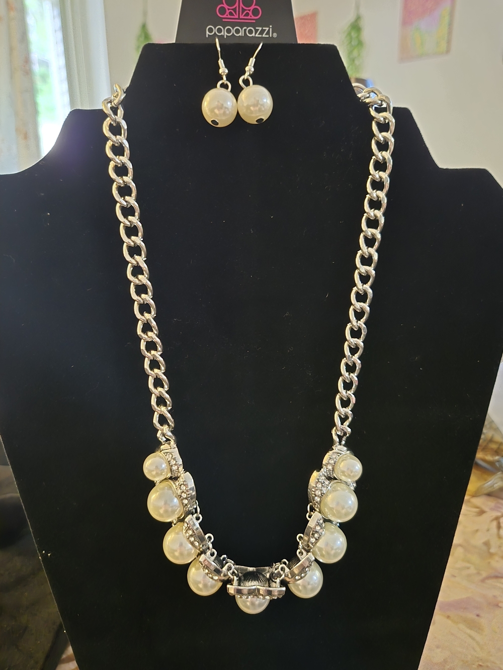paparazzi Gold-Tone Pearl Bib Necklace with Matching Pearl Drop Earrings